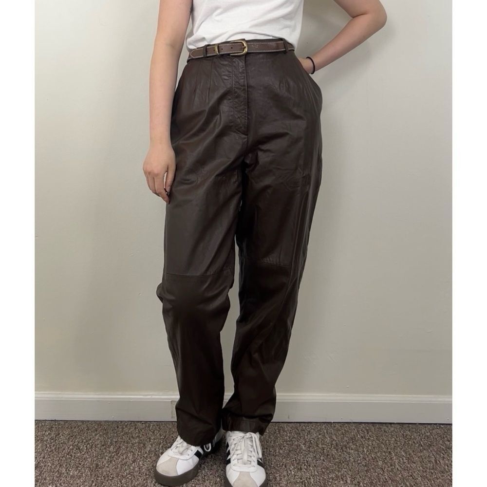 Vintage JH Collectibles Brown High-Waisted Genuine Leather Trousers with Belt
